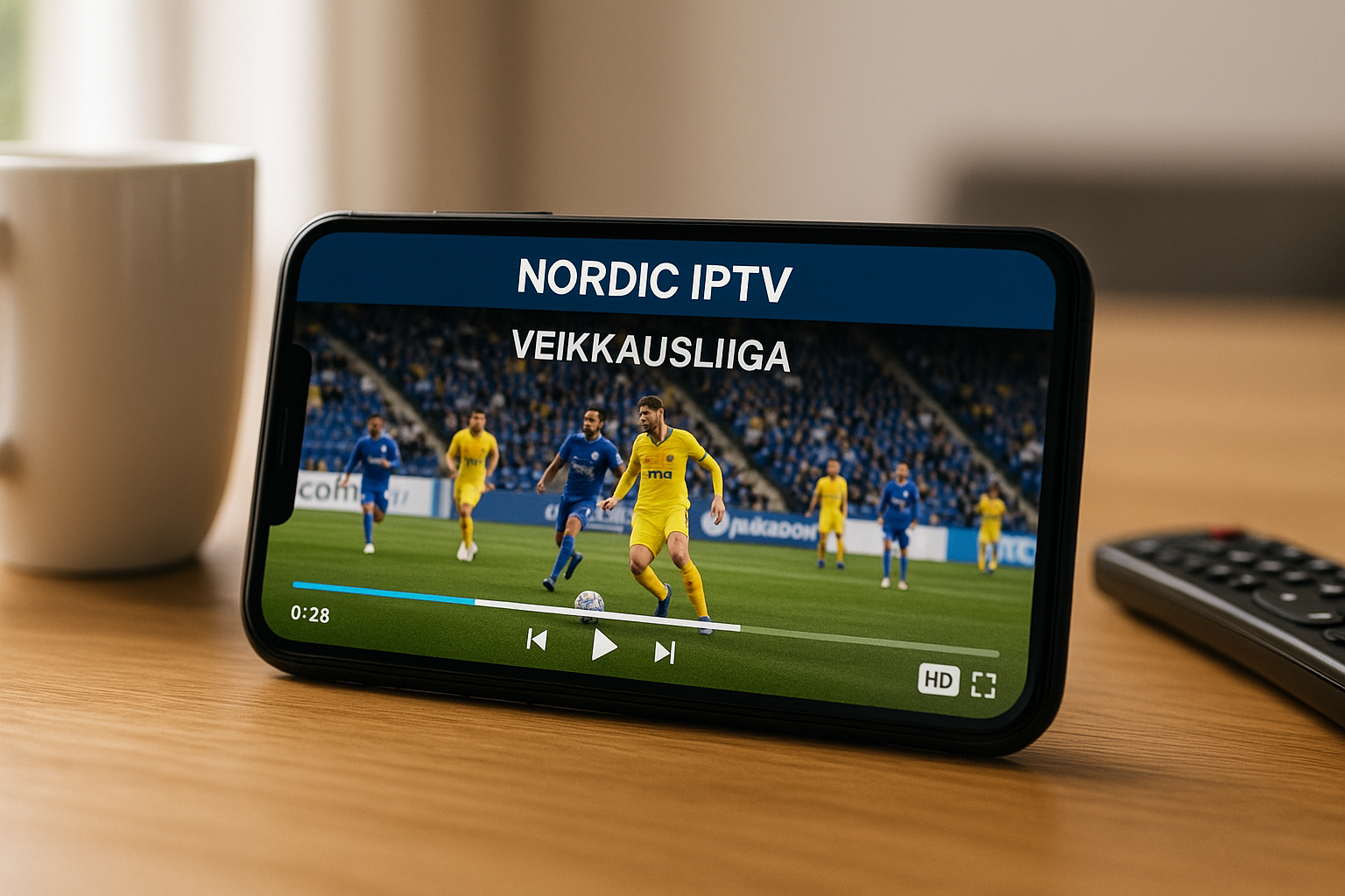 nordic iptv mobile app player showing a live Veikkausliiga match stream on a smartphone screen with HD badge visible