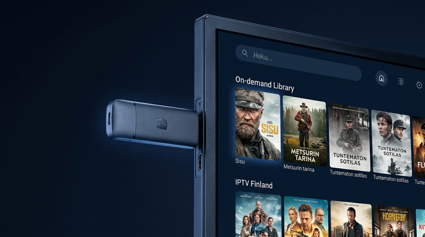 iptv finland on-demand library interface shown on a monitor with an Android TV stick connected