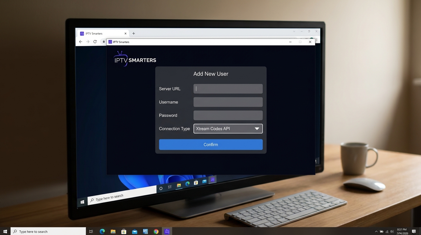 iptv smarters Xtream Codes setup screen on Windows desktop with playlist credentials entry form