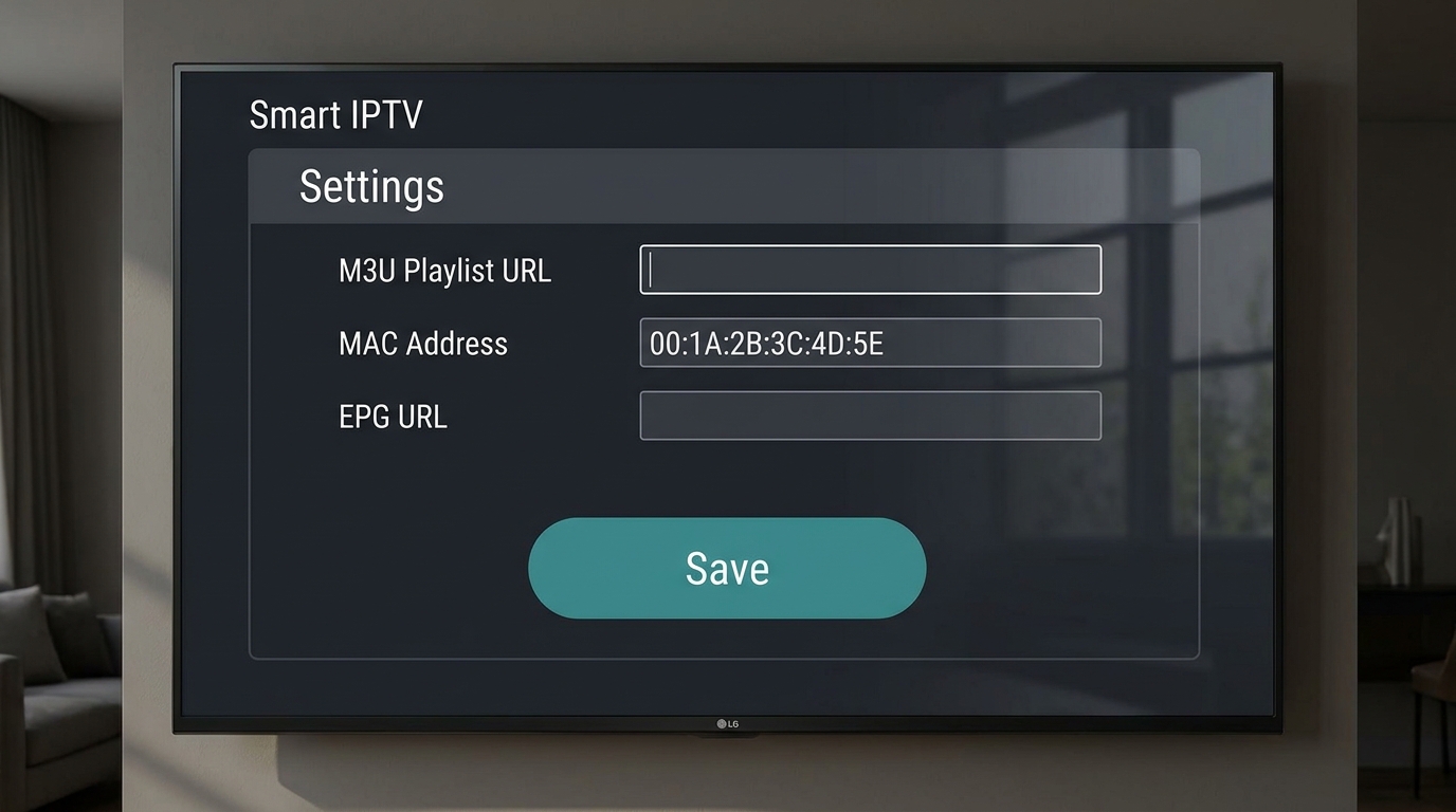 smart iptv settings screen on LG Smart TV showing M3U playlist URL input and MAC address activation fields