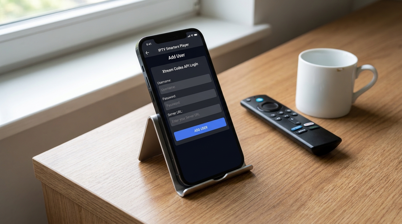 iptv smarters player Xtream Codes login setup screen on a smartphone with Add User configuration form