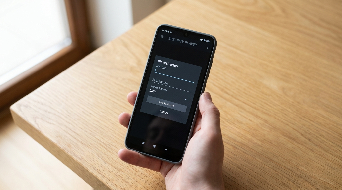 best iptv player M3U playlist setup screen on an Android smartphone showing URL input and EPG configuration