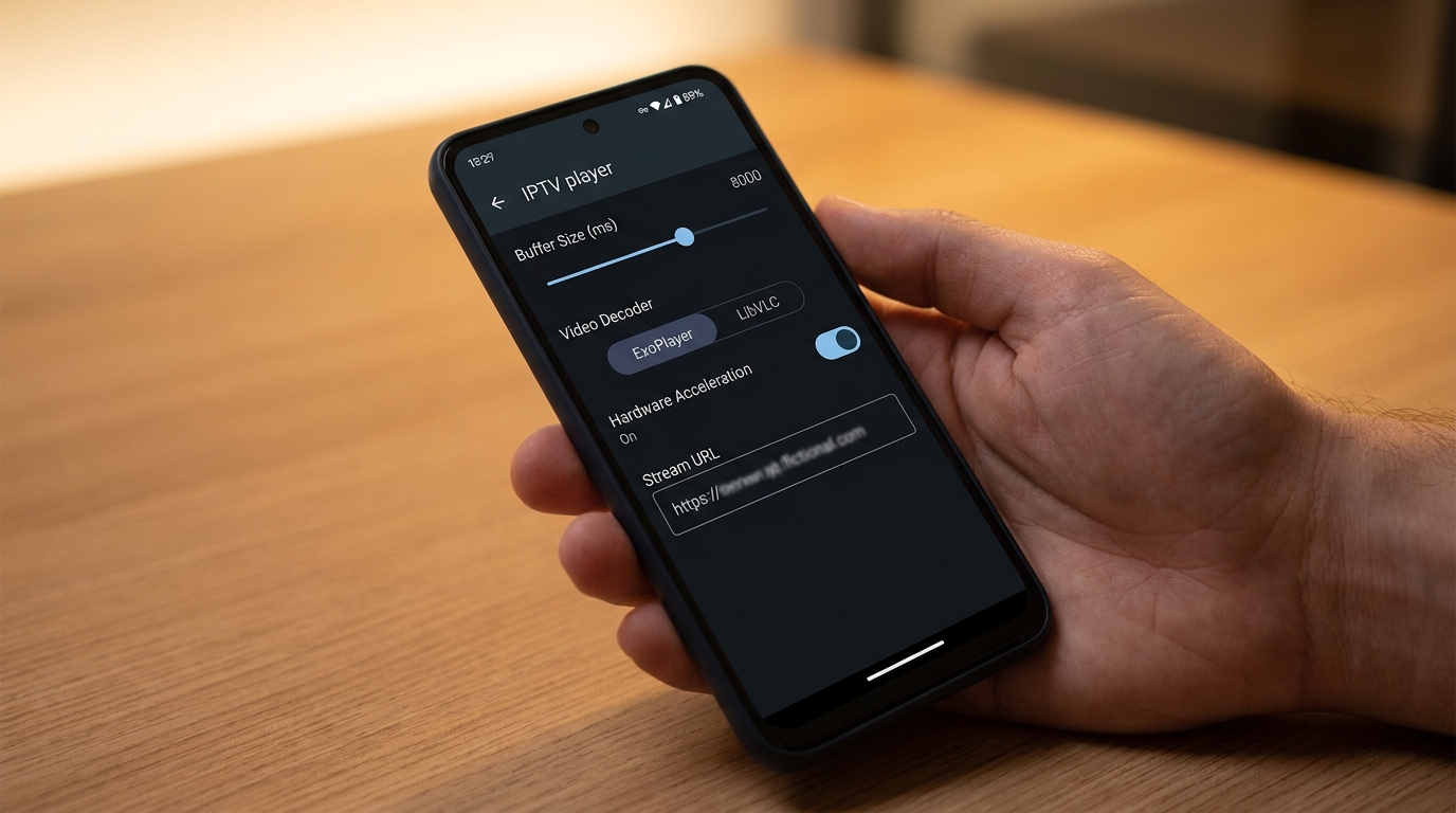 iptv player settings screen on Android phone showing buffer size and hardware decoder options