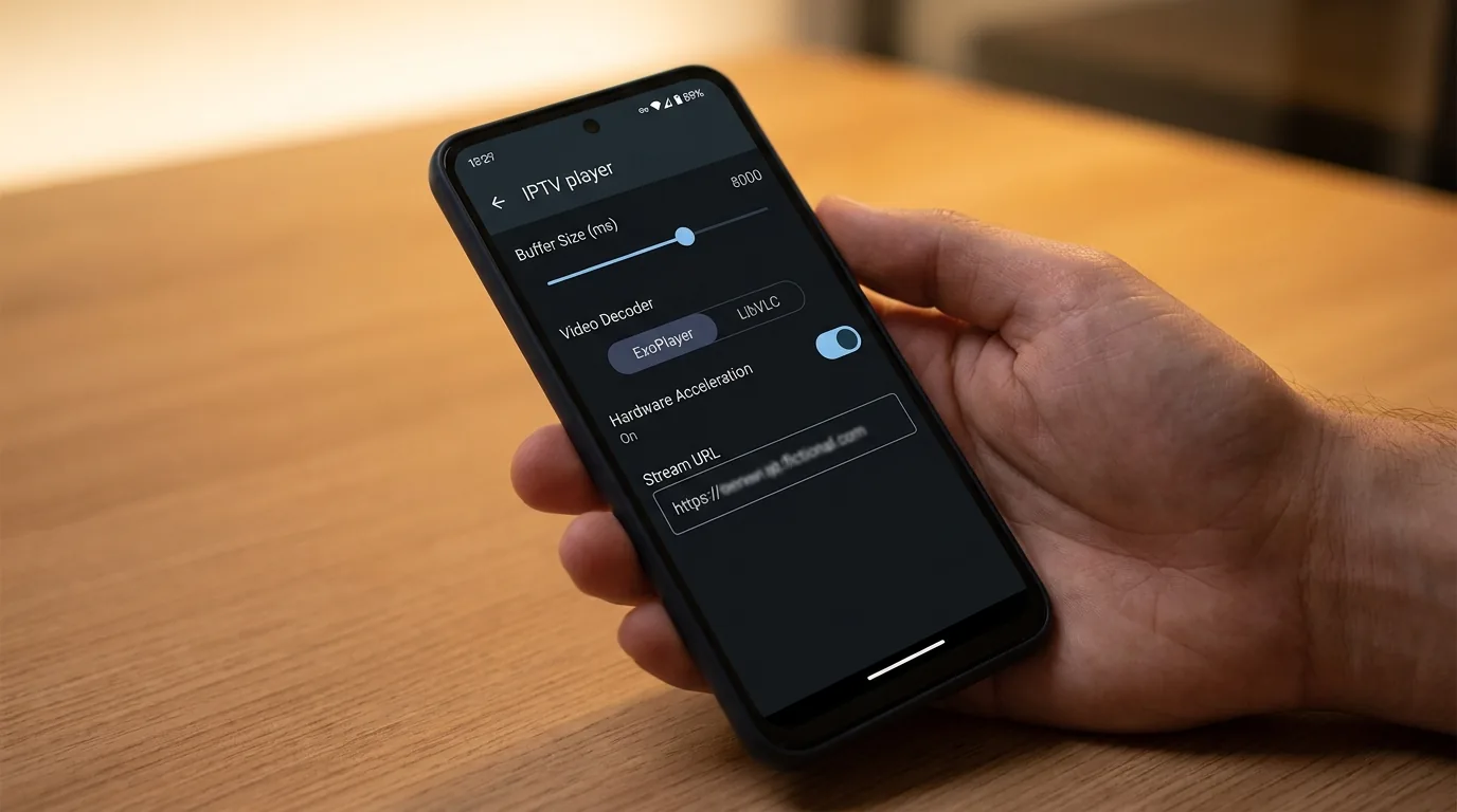 iptv player settings screen on Android phone showing buffer size and hardware decoder options