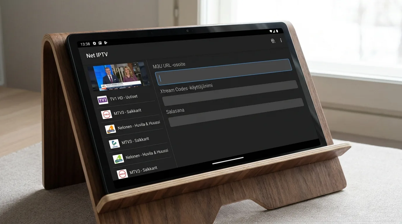 net iptv playlist settings screen on Android tablet with M3U and Xtream Codes input fields visible