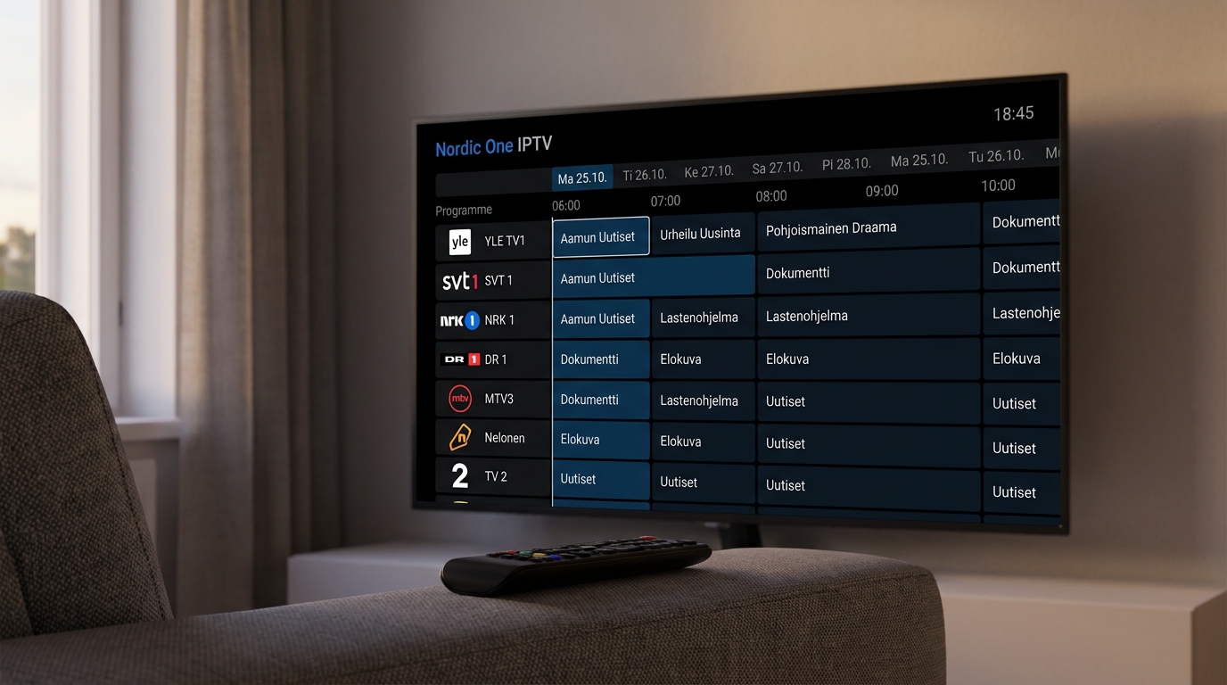 nordic one iptv electronic programme guide screen displaying 7-day schedule with Finnish and Scandinavian channel rows