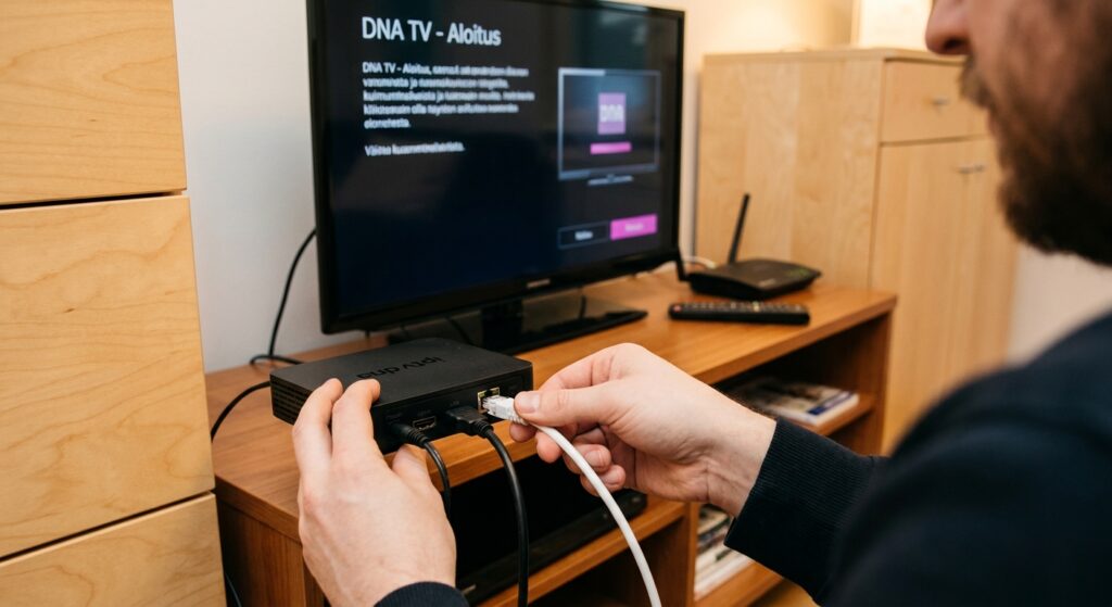small black iptv dna set-top box placed on a wooden TV