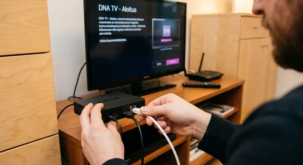 small black iptv dna set-top box placed on a wooden TV
