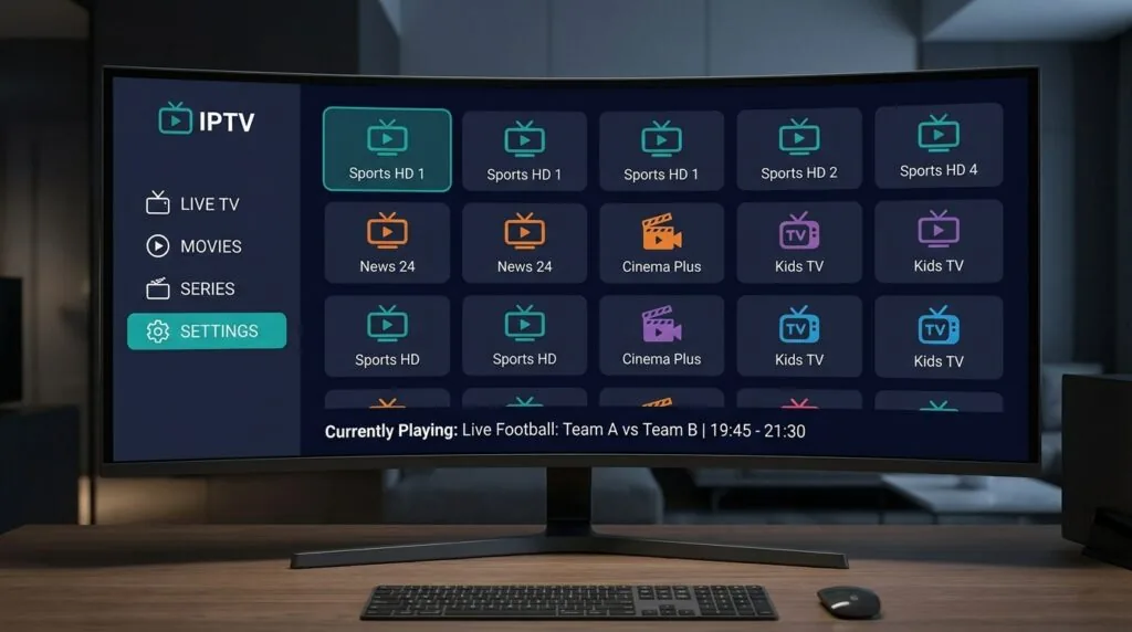 iptv pro main channel grid screen on a widescreen monitor.
