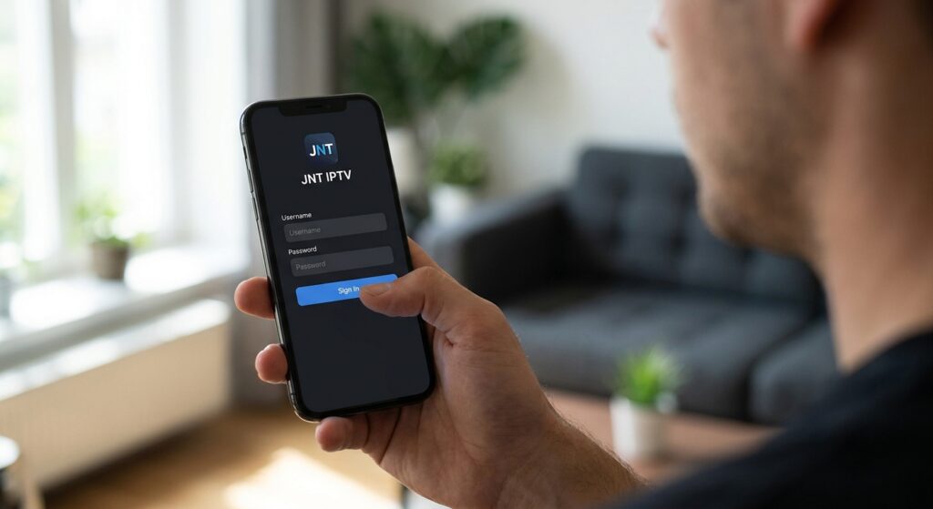 smartphone with a jnt iptv login screen visible