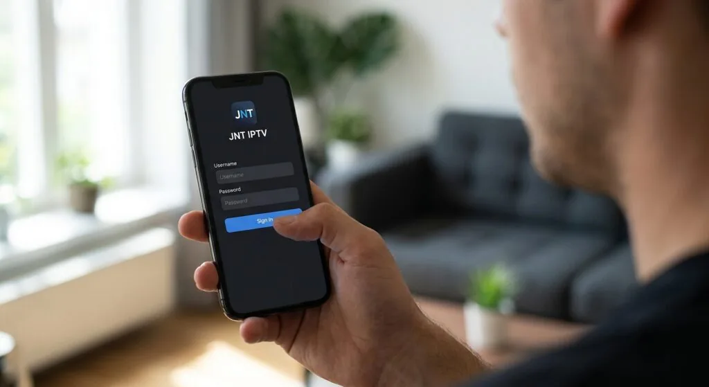 smartphone with a jnt iptv login screen visible