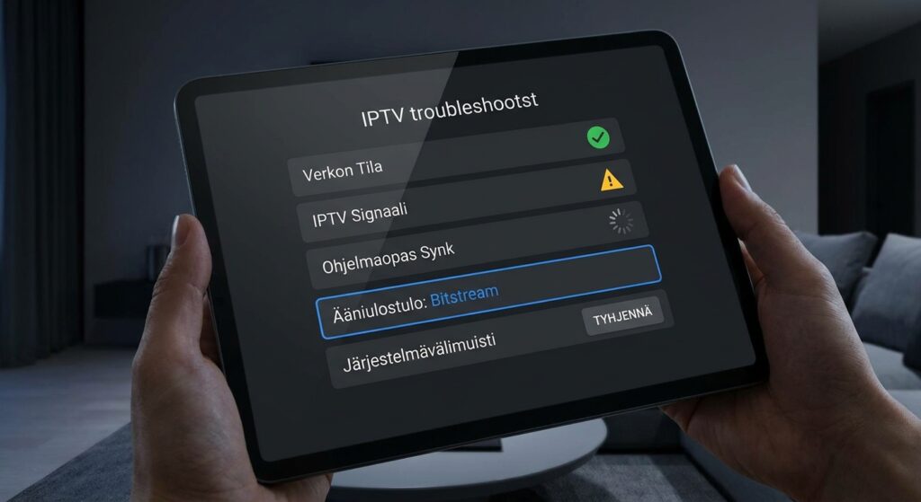 the iptv dna troubleshooting screen showing a settings menu