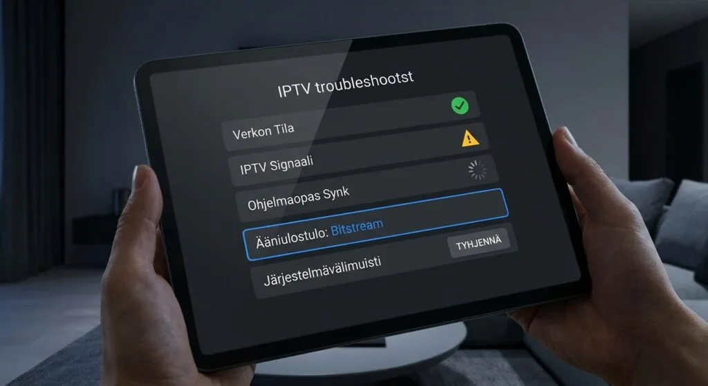 the iptv dna troubleshooting screen showing a settings menu